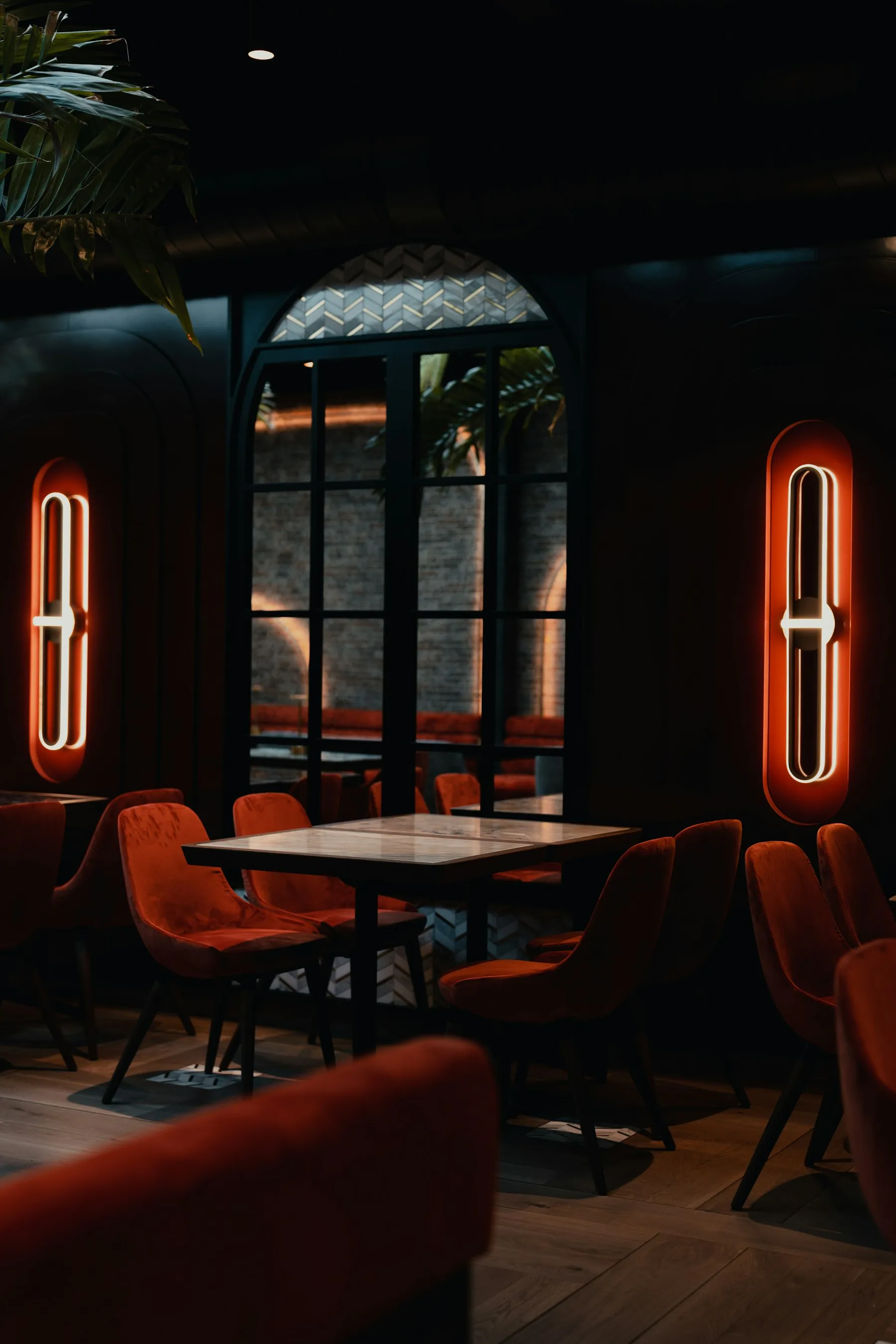 A dimly lit lounge interior